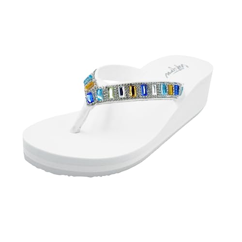 Wedge Sandals For Women Ultra Soft Cushion Thong Sandals Bling Rihinestones High Heel Arch Support Fashion Ladies Beach Walking Slides Girls Slip-on Casual Platform Flip Flops 6 Pure White