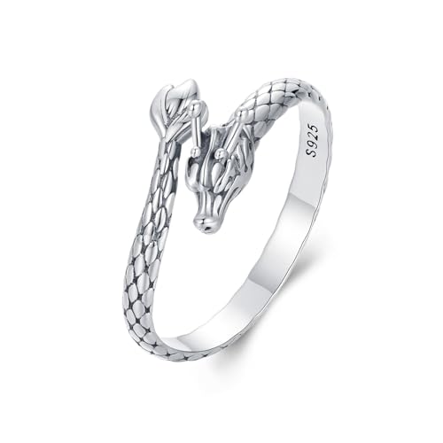 VOROCO 925 Sterling Silver Adjustable Open Ring Trendy Elegant Unique Open Ring Flower Cross Ring for Women Jewelry Gift (Silver Dragon)