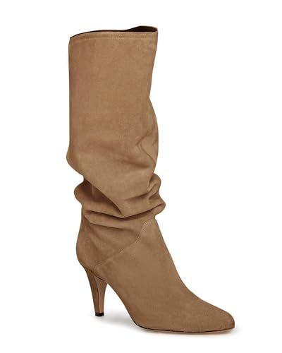 Coutgo Womens Slouchy Knee High Boots Wide Calf Kitten Heel Pointed Toe Pull On Long Boots Winter Shoes - Main Image