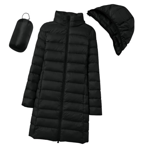 Cihdmfb Chaqueta de plumón ligera para mujer, abrigo largo de invierno con capucha extraíble, abrigo acolchado cálido de invierno, tallas grandes, manga larga, chaqueta con capucha, abrigo con