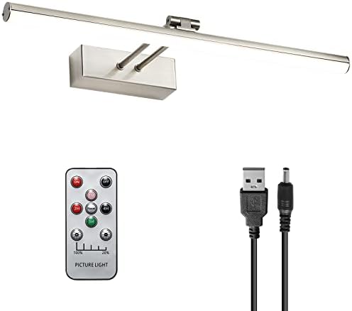 HOWMZON Picture Light, Battery Picture Lights with Brightness Dimmable and Timer, 16" Metal Art Light for Paintings, Rechargeable Display Lamp for Wall Gallery Dartboard(Nickel)