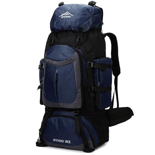 Lawaia Mochilas de caminhada 90L à prova d'água para acampamento, mochila de viagem ao ar livre, mochila de trilha, mochila de escalada, mochila, Azul escuro, Large, Caminhada/acampamento