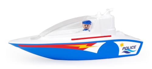 Lena BOAZZ Polizeiboot 36 cm, Spielzeugboot Indoor und Outdoor geeignet, für Kinder ab 2 Jahren, Kabine zum öffnen, Zwei Sitzplätze Plus Spielfigur, Blau