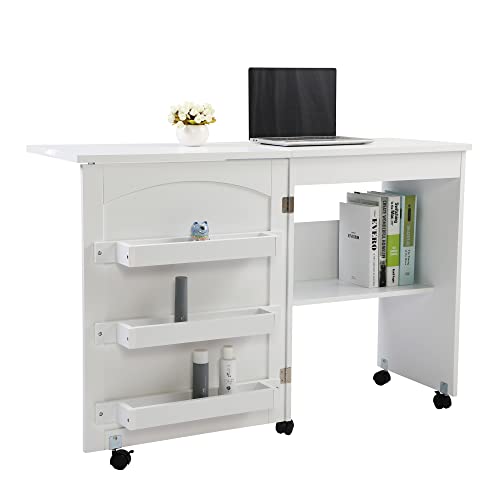 Multipurpose Folding Sewing Table & Portable Rolling Craft Table, Versatile Cabinet with One Storage Shelf and Three Trays for Sewing Machine,White …