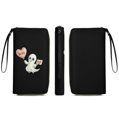 Cute Ghost Boo Leather Wallets for Women Large Capacity Zip Pocket Wallet with Cord3