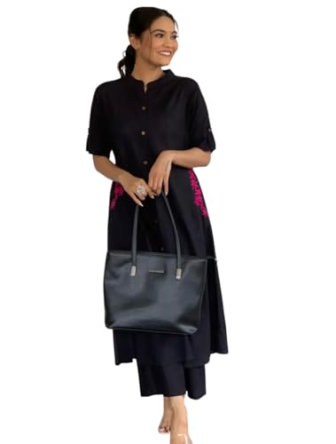 Image of Women's Cotton Embroiderd Long A-Line Kurti with Palazzo