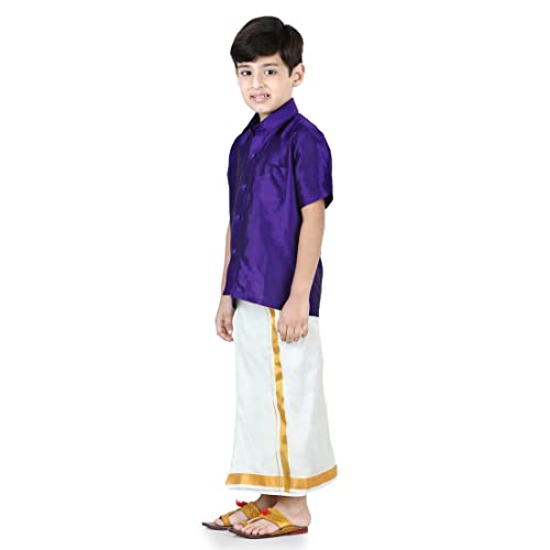 Image of BownBee Kids Boys Solid Half Sleeve Shirt with lining with Kasavu Mundu Set -Indian Traditional Party Wear South Indian Style