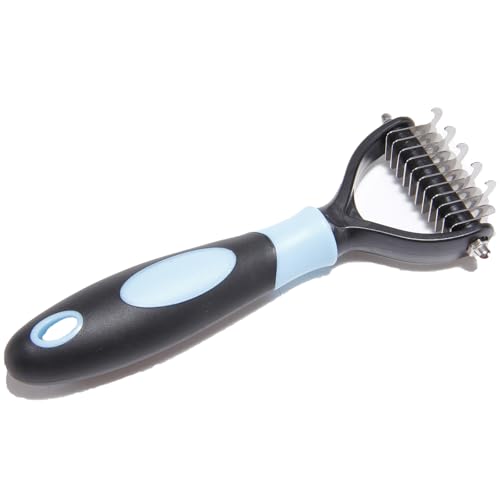 Pet Grooming Comb, Double-Sided Stainless Steel Dematting Tool, Dog and Cat Hair Detangler for Long and Short Fur (Blue)