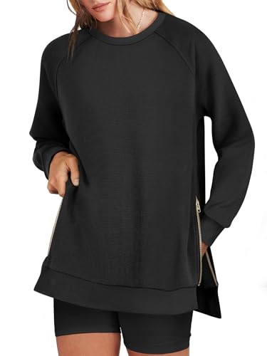 ANRABESS Women's Oversized Sweatshirts Crewneck Long Sleeve Tunic Pullover Shirts Side Zipper Hoodies 2026 Spring Clothes Black Large