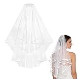 VBK Voile de Mariée Court Ivoire, Double Couche avec Ourlet Dentelle, Voile Cérémonie Élégant avec Peigne, Accessoire Mariage Simple et Raffiné, Longueur 80cm, Accessoire Cérémonie Mariage