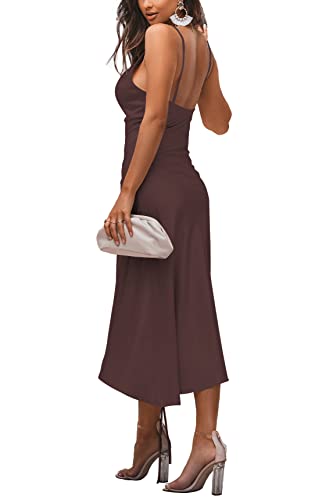 Image of LYANER Women's Satin Spaghetti Straps Cowl Neck Sexy Ruch Cocktail Midi Dresses