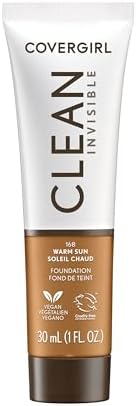 COVERGIRL Clean Invisible Foundation Makeup, Dewy & Glowy Natural Finish, Buildable Coverage, Skin-Like Smooth Look, Vegan, Warm Sun, 1oz