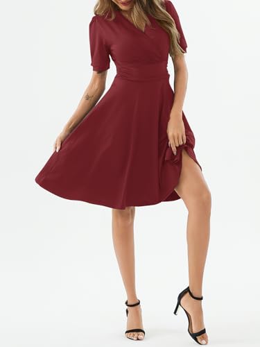 Image of Women's Summer Casual Dress Short Sleeve Wrap V-Neck A-Line Dress Sundress Wedding Guest Cocktail Midi Dresses