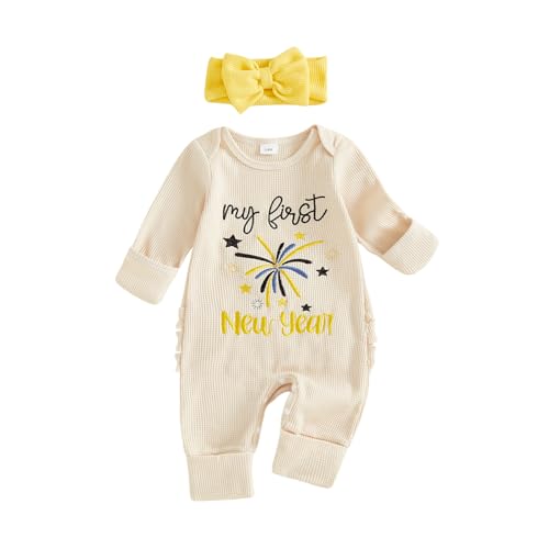 Socutebabe My First New Year Baby Girl Outfit Newborn Onesie Waffle Knit Sweater Romper Jumpsuit Cute Infant Clothes (My First New Year Beige Newborn)