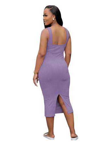 Image of TOPSRANI Women Sexy Midi Dress Bodycon Casual Sleeveless Basic Ruched Tank Summer Club Party Dresses