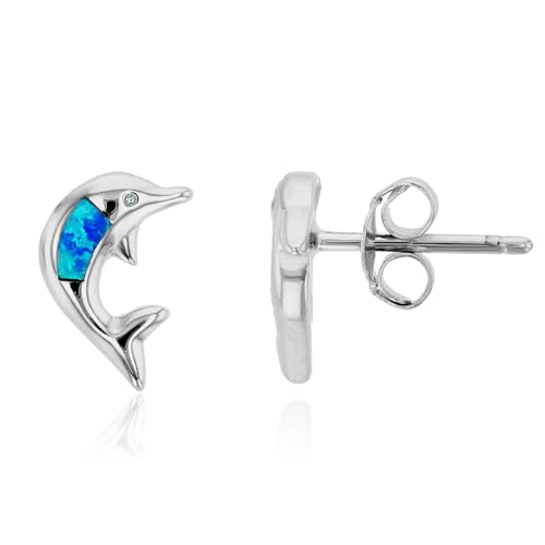 DECADENCE Rhodium Sterling Silver Created Opal Stud Earrings for Women | Multi Style Turtle Dolphin Star Fish Heart Butterfly Infinity Studs | Blue Green Turquoise Topaz Yellow Pink Ruby