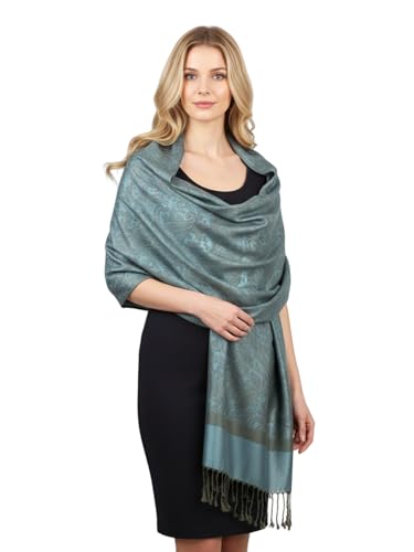PASKMLNA Paisley Jacquard Pashmina Shawl Wrap Scarf Stole (018-70 Olive light blue)