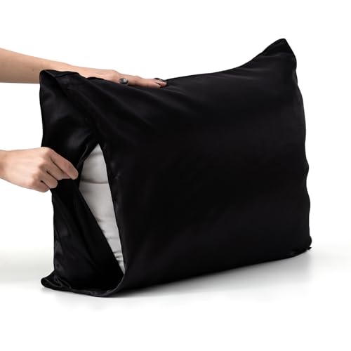 Satin Pillowcases Standard Set of 2 - Silk Soft Pillow Cases for Hair and Skin 20x26 inches, Black Satin Pillow Covers 2 Pack with Envelope Closure for Home,School, Hotel