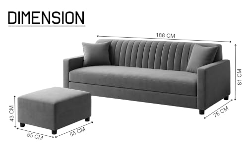 Image of 3 Seater Sofa with Ottoman | Modern Upholstered Couch | Vertical Channel Tufted Backrest | Comfortable Cushioned Seating | Contemporary Sofa Set for Living Room & Office - Grey Color