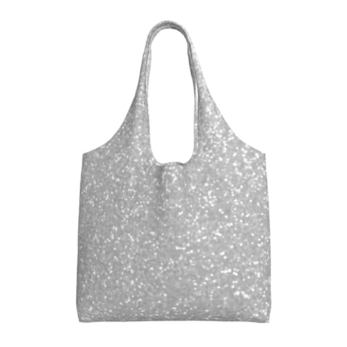 Faux Sparkly Silver Glitter Printed Canvas Tote Bag For Women – Lightweight & Durable Polyester, Oversized Carryall For Commuting, Shopping & Travel
