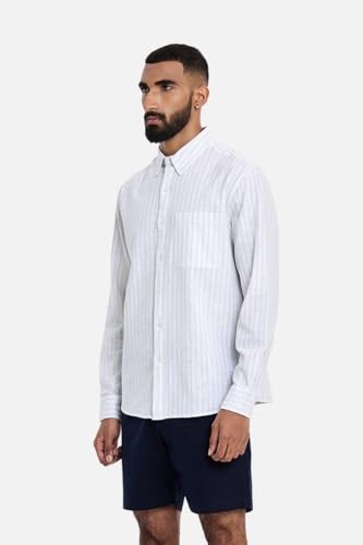 Image of SNITCH Men Semi-Formal Shirt | Modern Slim Fit Full Sleeve Point Collar Vertical Stripe Pattern | Cotton Blend Stretch Fabric for Office & Business Casual Wear