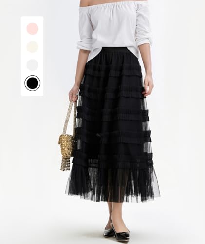 Tulle Skirts for Women Long Length Tutu Fairy Tiered Skirt A Line Mesh Elastic Waist Skirts3