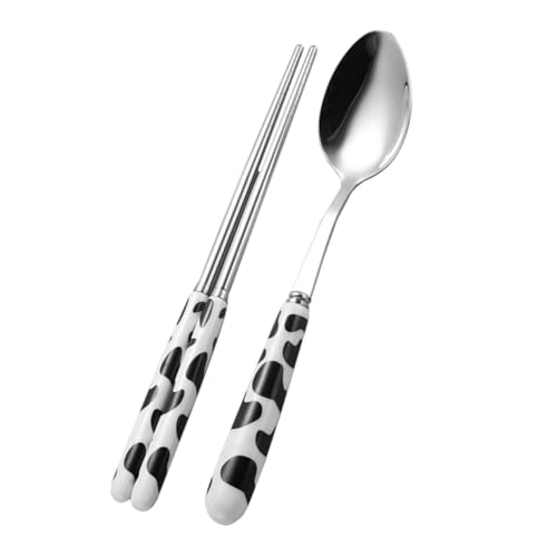 Housoutil 可愛い牛柄セラミックハンドル付き 用ステンレス製スプーンと箸 滑らかなエッジと耐熱性 キッズテーブルウェア 家族やパーティー