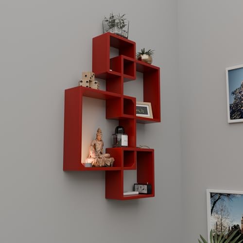 Image of ETIQUETTE ART Floating Cube Shelves - Intersecting Wall Mounted Shelves - Wall Decor Square Shelves for Bedrooms, Living Rooms & More - Set of 4 Box Shelves (Red)