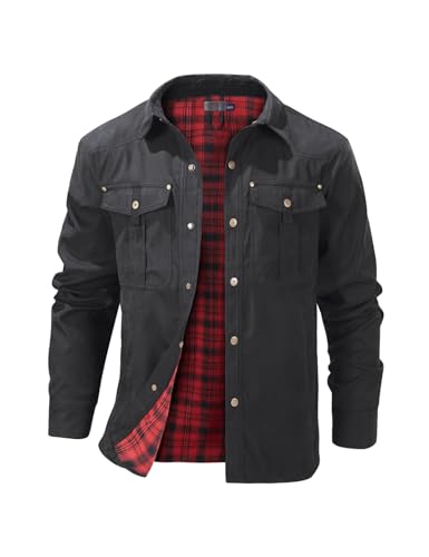 Image of Haellun Men's Flannel Lined Shacket Long Sleeve Plaid Western Cowboy Snap Button Down Shirts Jackets with Pockets