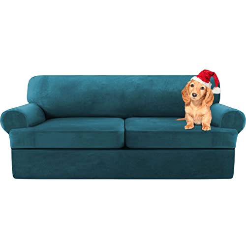 Sofa Cover,T Cushion Sofa Cover Velvet Non-Slip T Cushion 1/2/3 Seater Couch Cover with Individual T Cushion Seat Cover with Elastic Bands Furniture Slipcovers Protector (Deep Blue,X-2 Seat-3 pieces)