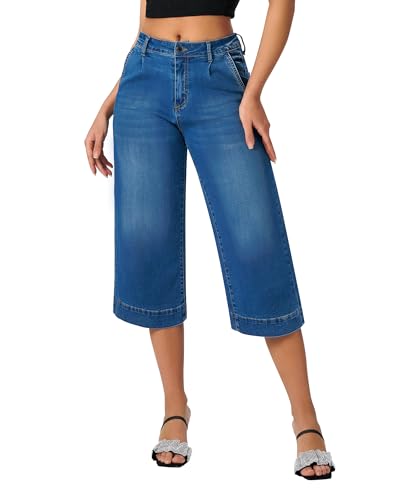 roswear Capri Jeans for Women Wide Leg Stretchy High Waisted Loose Denim Pants
