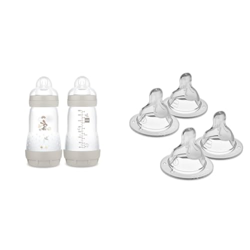 Image of MAM Easy Start Anti-Colic Baby Bottles, 9 oz (2 Count) & Nipples Mixed Flow Pack - Slow Flow Level 1 & Medium Flow Level 2, Fits All MAM Bottles (4 Count)