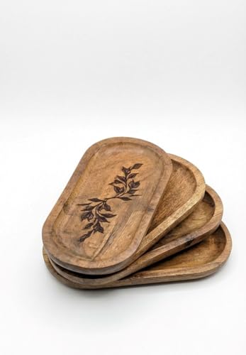 Image of Wooden Jewelry Tray, Oval Shape, L x B x H = 10 x 5 x 0.5 Inch Floral Design, Natural Wood Finish, Organizer for Rings, Necklaces, Earrings And Snacks Serving (Leaf 4)