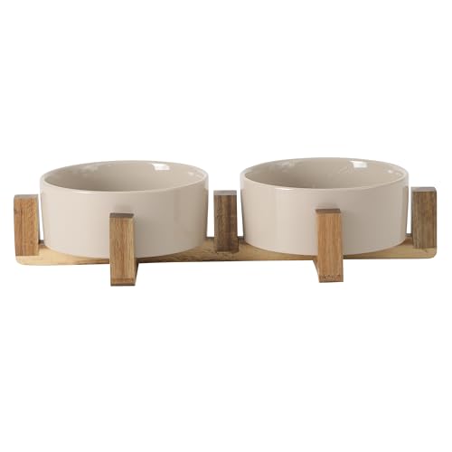 Gibson Home Zoomie Bites Ceramic Dog and Cat Bowl with Acacia Wood Stand Non-Slip Matte Glaze Weighted Food Water Set for Cats & Small/Medium Sized Dogs, 5.5' Bowls