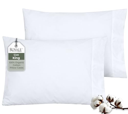 Image of ROYALE LINENS 100% Organic Cotton Percale Pillowcases Set of 2 - King Size Percale Pillowcase - King Set of 2 Pillow Cover - Breathable, Cool & Crisp White Pillow Cases (20 inchx40 inch, White)