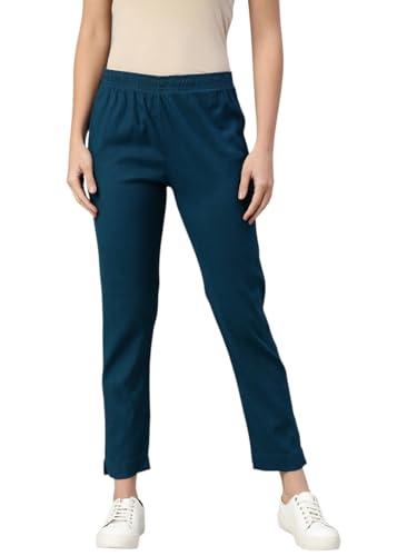 Image of MINELLI Women Solid Cigar Pants, Cotton Lycra Slub Fabric, Elasticated Waistband, Pull On Style, Regular Fit Bottom Wear for Western and Ethnic Wear