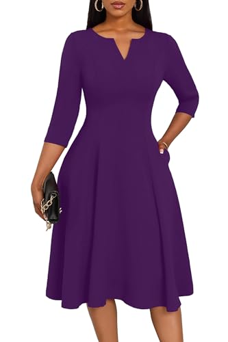 Image of Nmoder Midi Dresses for Women A-Line Fit and Flare Dress 3 /4 Sleeve V Neck Cocktail Wedding Guest Work Dress with Pockets