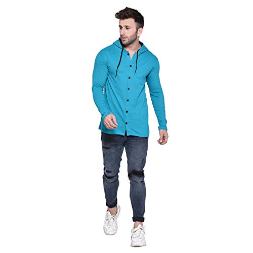 Image of Geum Men's Full Sleeve Hooded T-Shirt with Button-Down Front | Casual Slim Fit Cotton Shirt-Style Tee