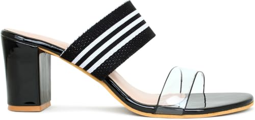 Image of Action Women's Black Suede Platform Sandals| Stiletto Heel| Clear Strap with Striped Band| Ankle Strap Design Black