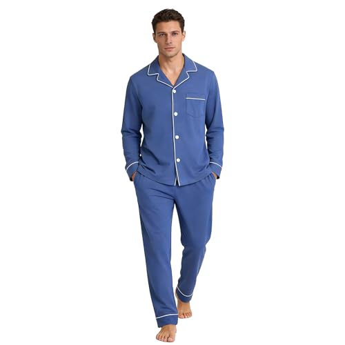 Image of U2SKIIN Mens Cotton Pajama Set, Soft Long Sleeve Pajamas for men Lightweight Button Up Sleepwear Lounge Pjs Set with Pockets