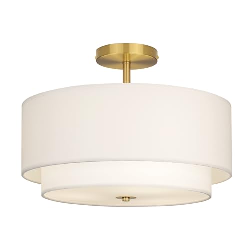 CALOKES Deckenlampe Rund Ø40 cm aus weißem Stoff – Dimmbar, mit E27-Fassung & goldenem Metallrahmen – Ideal für Wohnzimmer, Schlafzimmer, Flur & Küche – Weiches Licht für moderne Deckenbeleuchtung