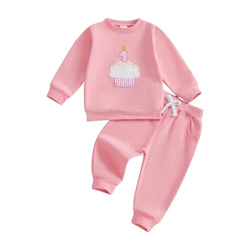 Toddler Baby Girl 1st Birthday Outfit Long Sleeve Number Cake Candle Embroidery Sweatshirt Pullover Top and Elastic Waist Pants 2Pcs First Birthday Clothes for Little Girls (Pink, 6-12 Months)