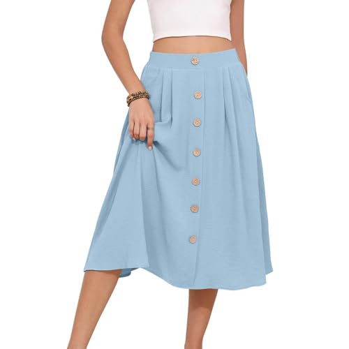 Womens Midi Skirts Button Front Casual Summer Skirt High Waisted A Line Work Skirts Flowy Beach Skirts with Pockets2
