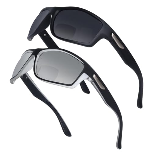 YOBOCO Bifokale Sonnenbrille Herren 2.0 Groß Sonnenlesebrille Sportlich Rundherum Lesesonnenbrille mit Sonnenschutz für Sport/Außenbereich/Fahren Schwarz+Silber
