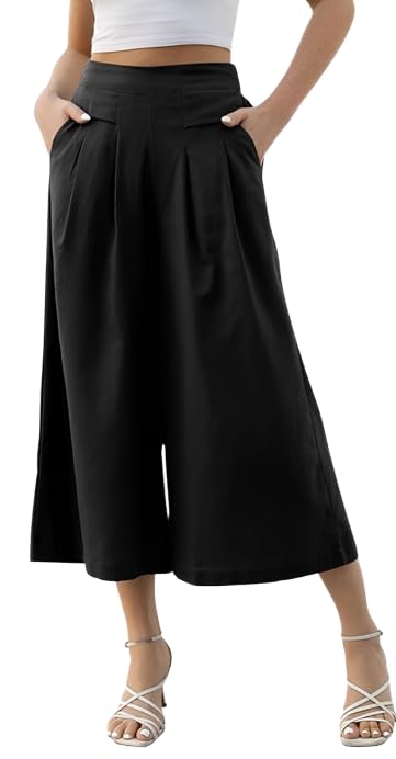 Image of OOMPH! Cotton Linen Palazzo Pant for Women | Women's High Rise High Waist Trousers Flowy Wide Leg Plazzo Pant Trouser with Pocket | Plazo Pant for Woman