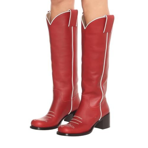 YDN Women Retro Chunky Mid Heel Embroidery Cowboy Boots Pull On Round Toe Knee High Boot Holiday Party Dressy Shoes Size 4-16 US4