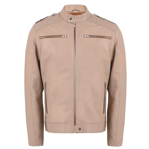 Men's Beige Leather Jacket | Slim Fit | Genuine Lambskin | Biker Style | Zip Pockets | Vintage Moto Fashion3