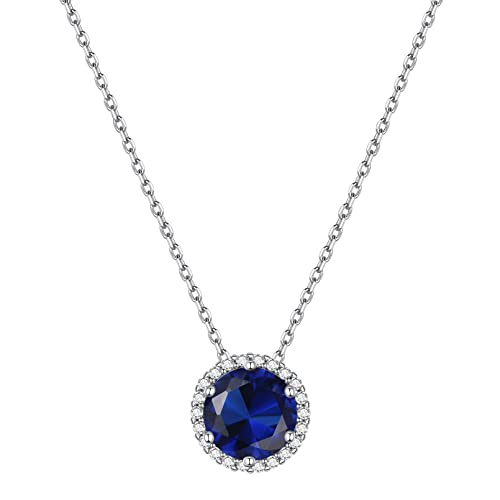 Chicsilver Solitaire September Birthstone Necklace For Women, 925 Sterling Silver Dainty Small Cubic Zirconia Cz Halo Pendant Round Cut Simulated Sapphire Necklace Mom Gifts #TOP10