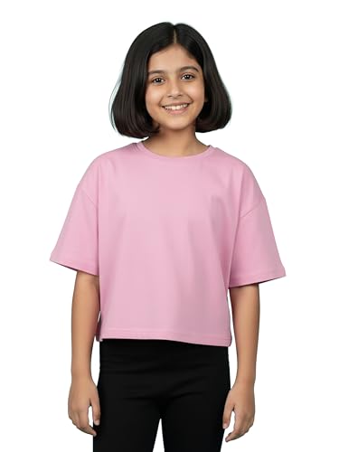 Image of KiddoPanti Girls 100% Cotton Solid Drop Shoulder Half Sleeve Round Neck Crop Tee