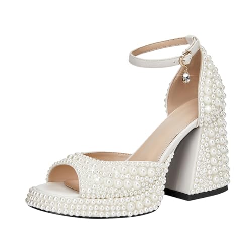 Image of Goolita Womens Open Toe Pearl Platform Heels For Women Chunky Buckle Ankle Strap Wedding Heeled Sandals Dress Evening Bride Bridal Shoes